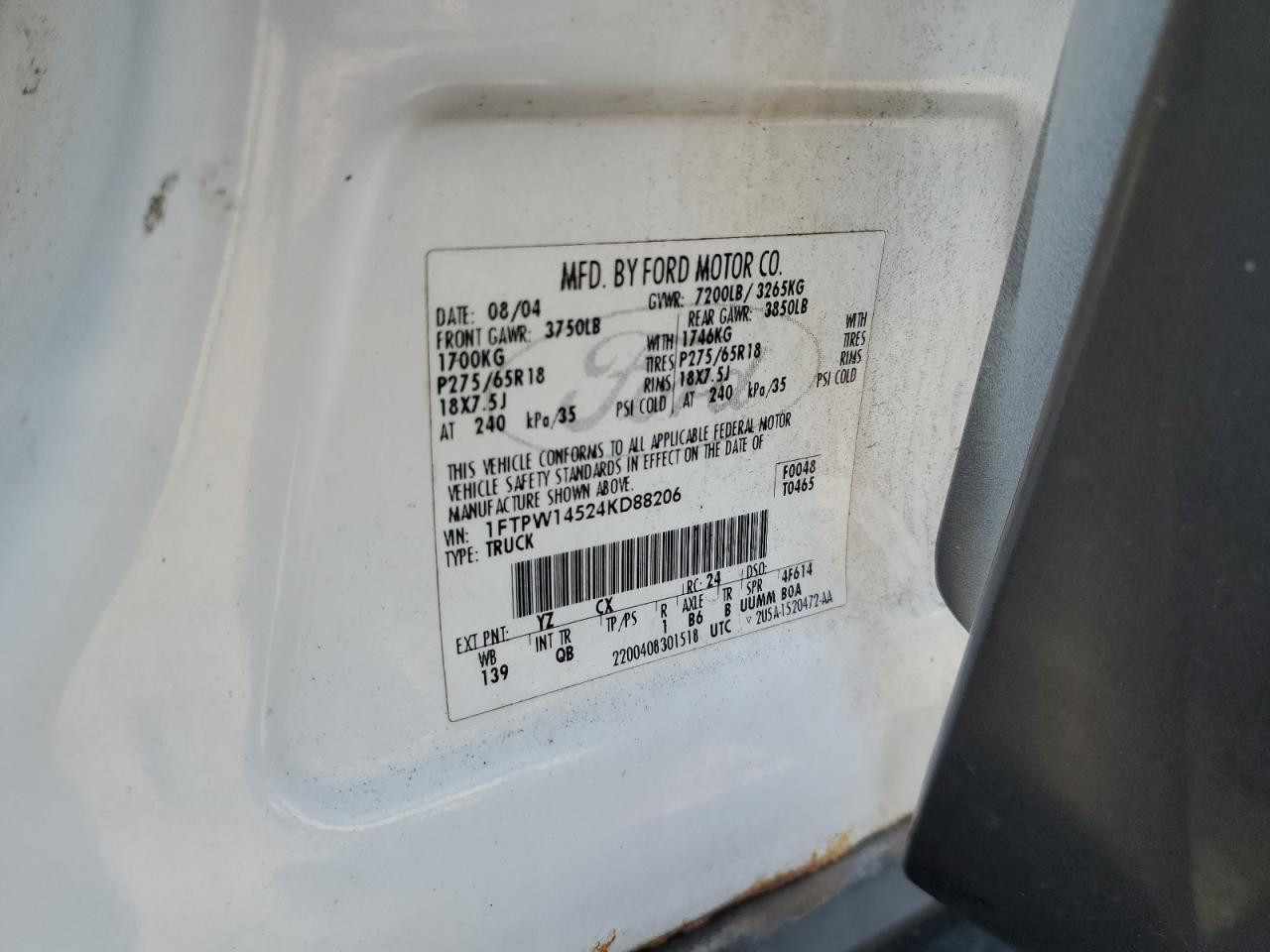 2004 Ford F150 Supercrew VIN: 1FTPW14524KD88206 Lot: 82716335