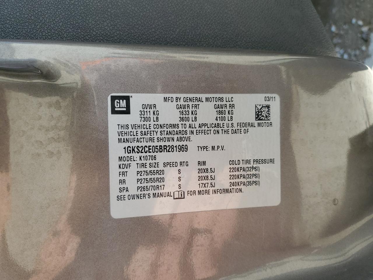 2011 GMC Yukon Slt VIN: 1GKS2CE05BR281969 Lot: 84185625