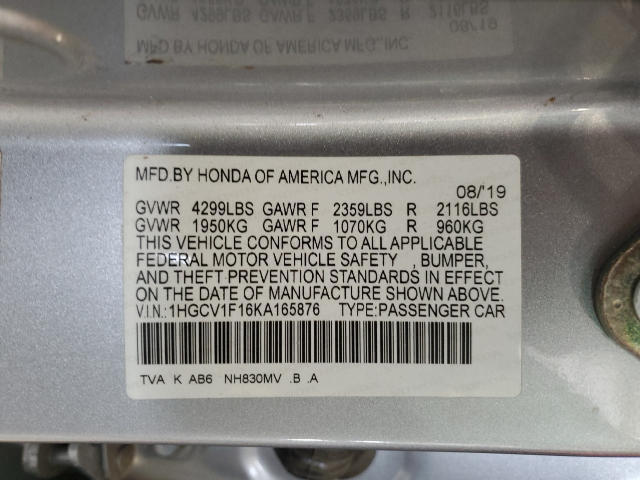 2019 Honda Accord Lx VIN: 1HGCV1F16KA165876 Lot: 86160635