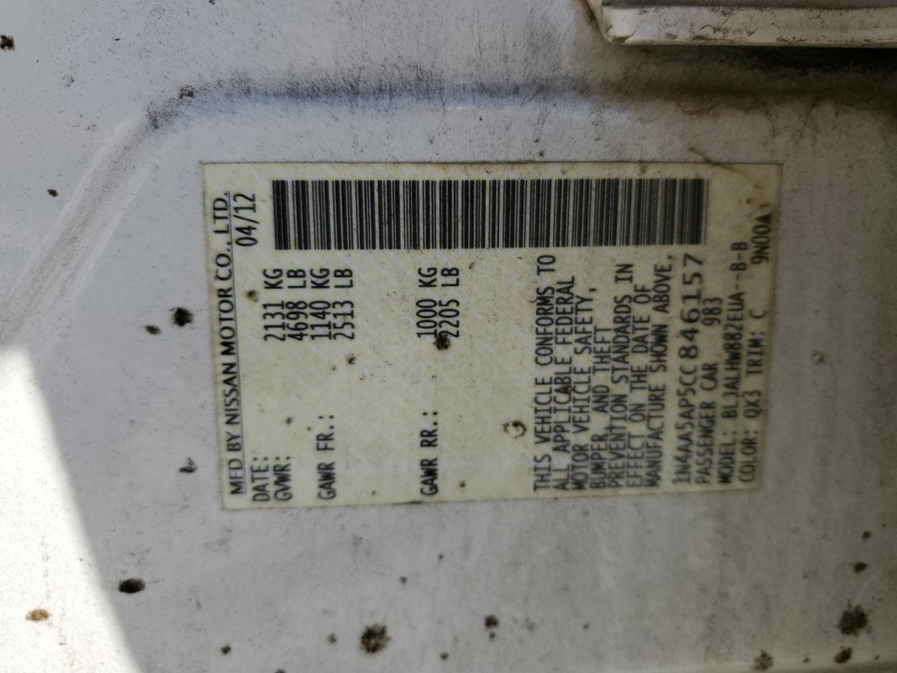 2012 Nissan Maxima S VIN: 1N4AA5AP5CC846157 Lot: 82729215