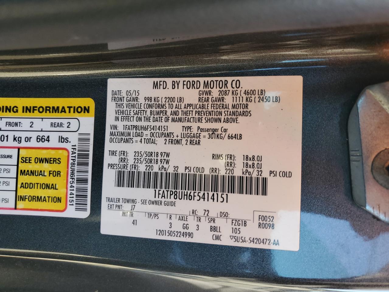 2015 Ford Mustang VIN: 1FATP8UH6F5414151 Lot: 82656535