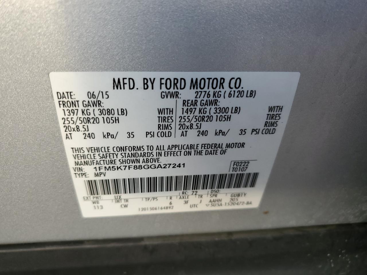 2016 Ford Explorer Limited VIN: 1FM5K7F88GGA27241 Lot: 85283605