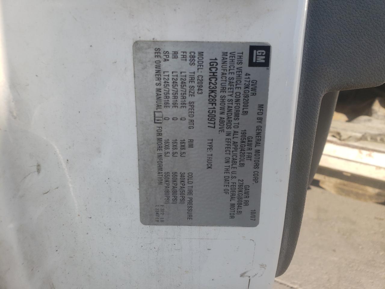 2008 Chevrolet Silverado C2500 Heavy Duty VIN: 1GCHC23K28F150977 Lot: 82216455