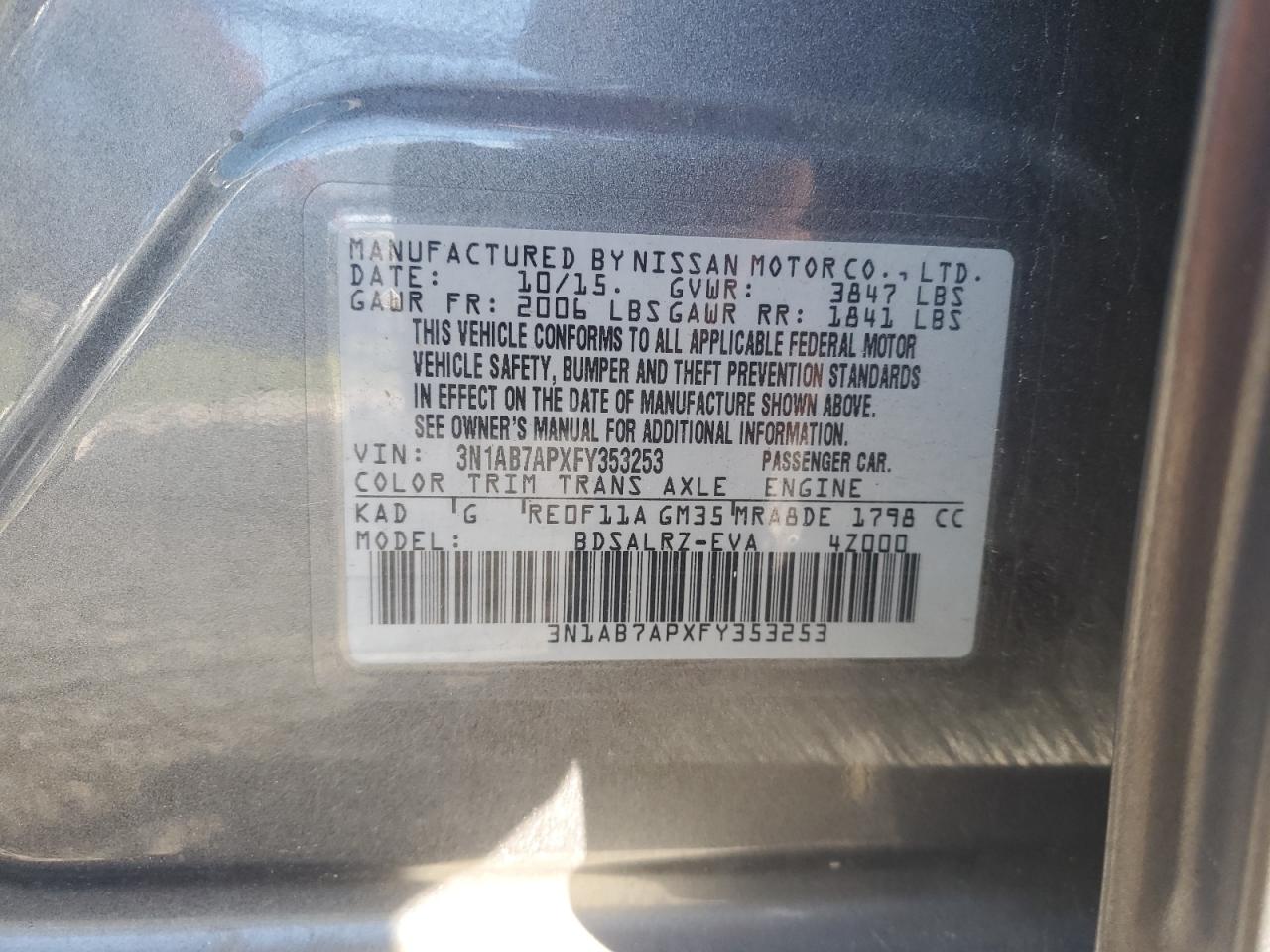 2015 Nissan Sentra S VIN: 3N1AB7APXFY353253 Lot: 85818915