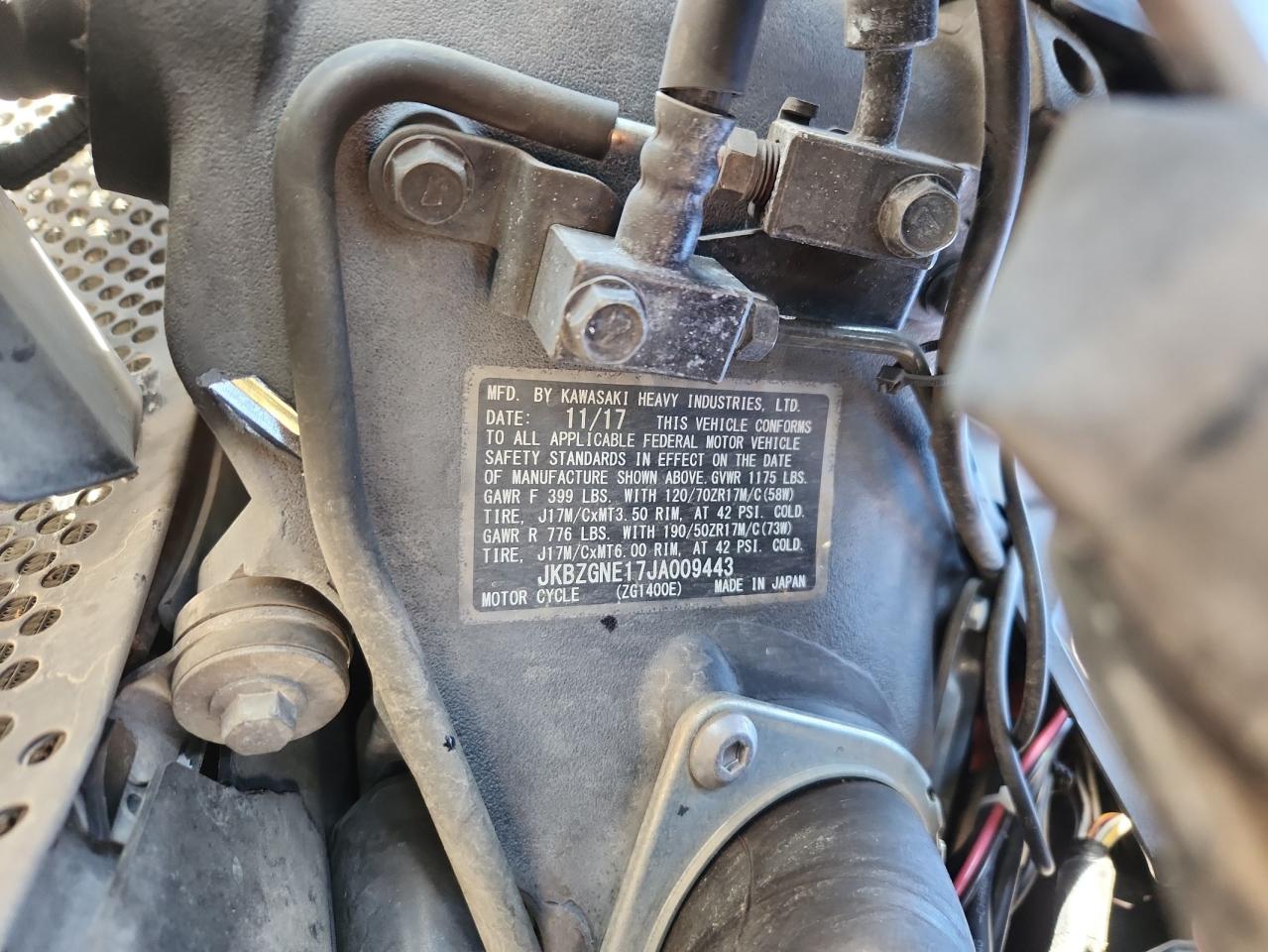 2018 Kawasaki Zg1400 E VIN: JKBZGNE17JA009443 Lot: 90479995