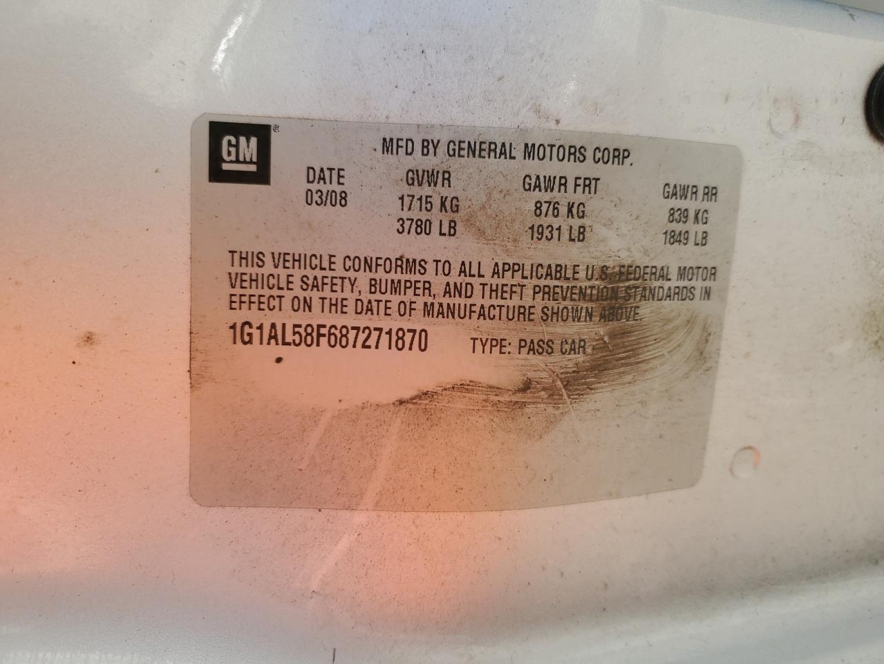 2008 Chevrolet Cobalt Lt VIN: 1G1AL58F687271870 Lot: 86250355