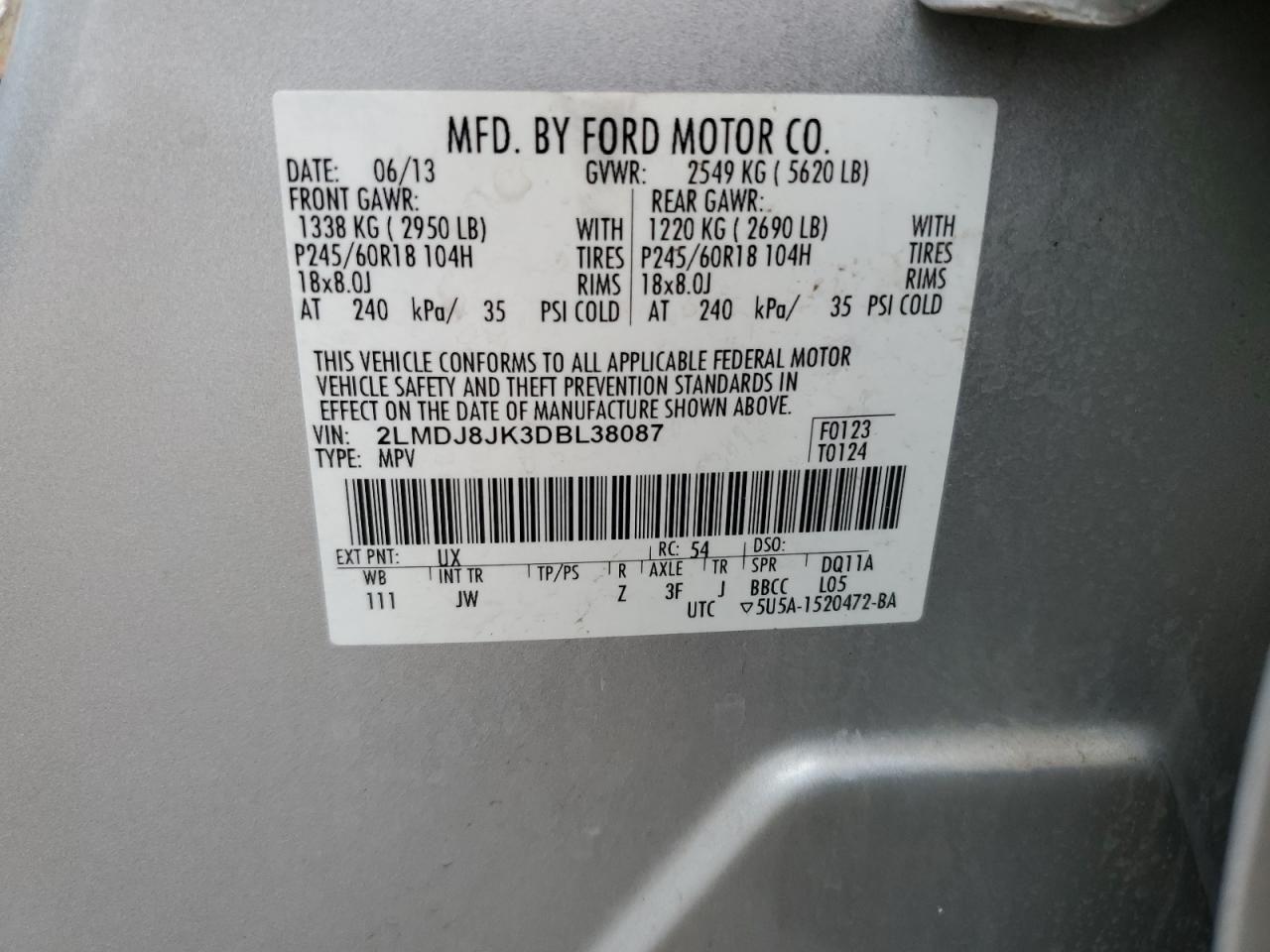 2013 Lincoln Mkx VIN: 2LMDJ8JK3DBL38087 Lot: 91113075