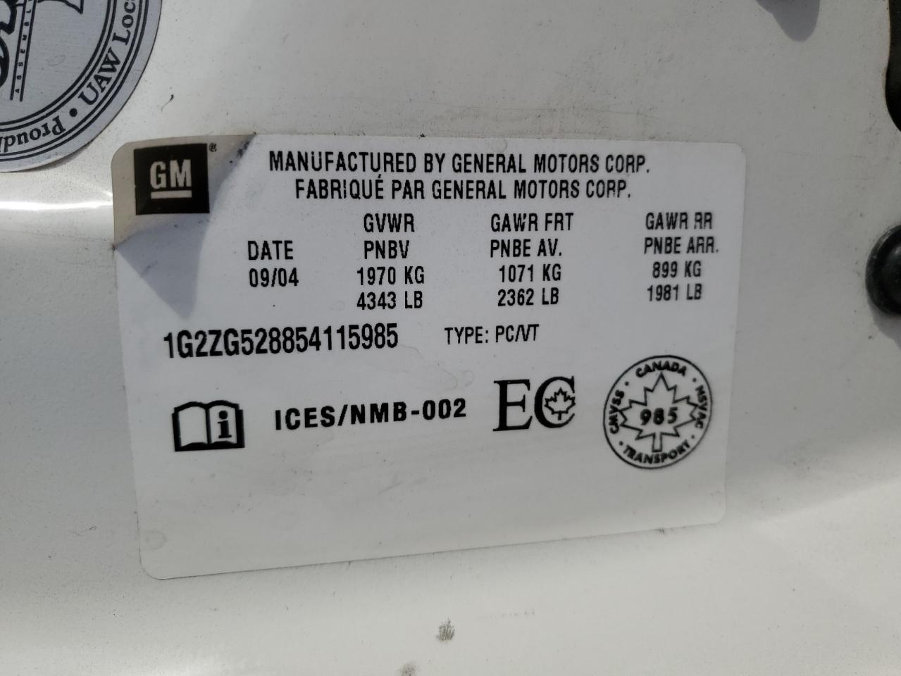 2005 Pontiac G6 VIN: 1G2ZG528854115985 Lot: 86868795