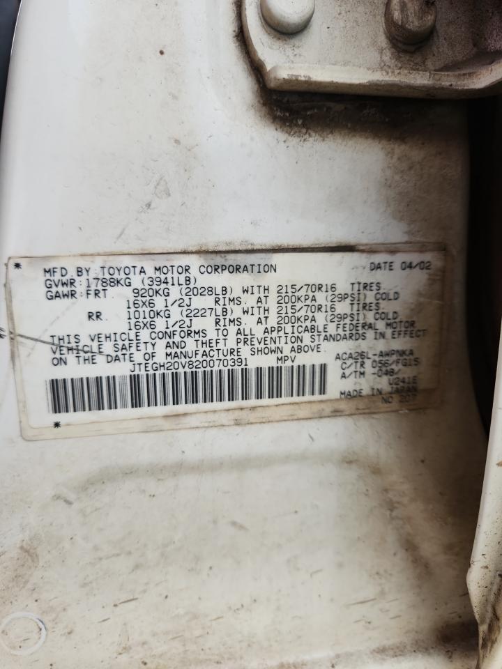 2002 Toyota Rav4 VIN: JTEGH20V820070391 Lot: 86329835