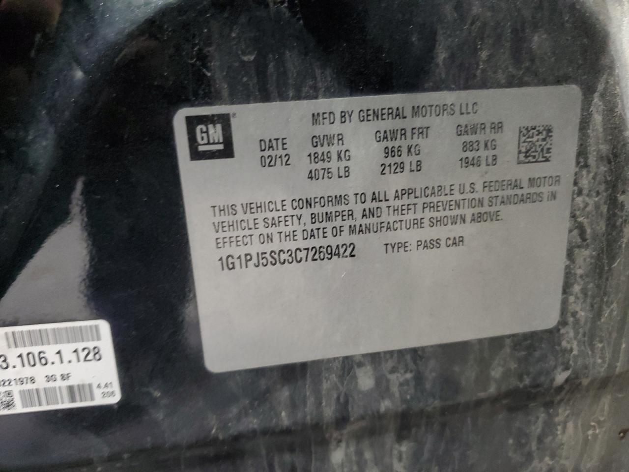 2012 Chevrolet Cruze Eco VIN: 1G1PJ5SC3C7269422 Lot: 90657355