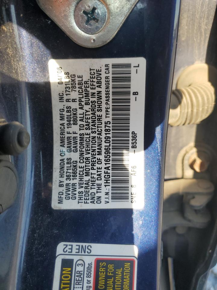 2006 Honda Civic Lx VIN: 1HGFA16596L091875 Lot: 85767875