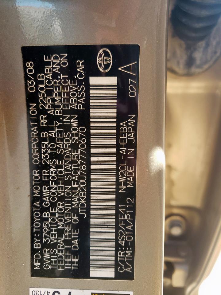 2008 Toyota Prius VIN: JTDKB20U787770670 Lot: 84788075