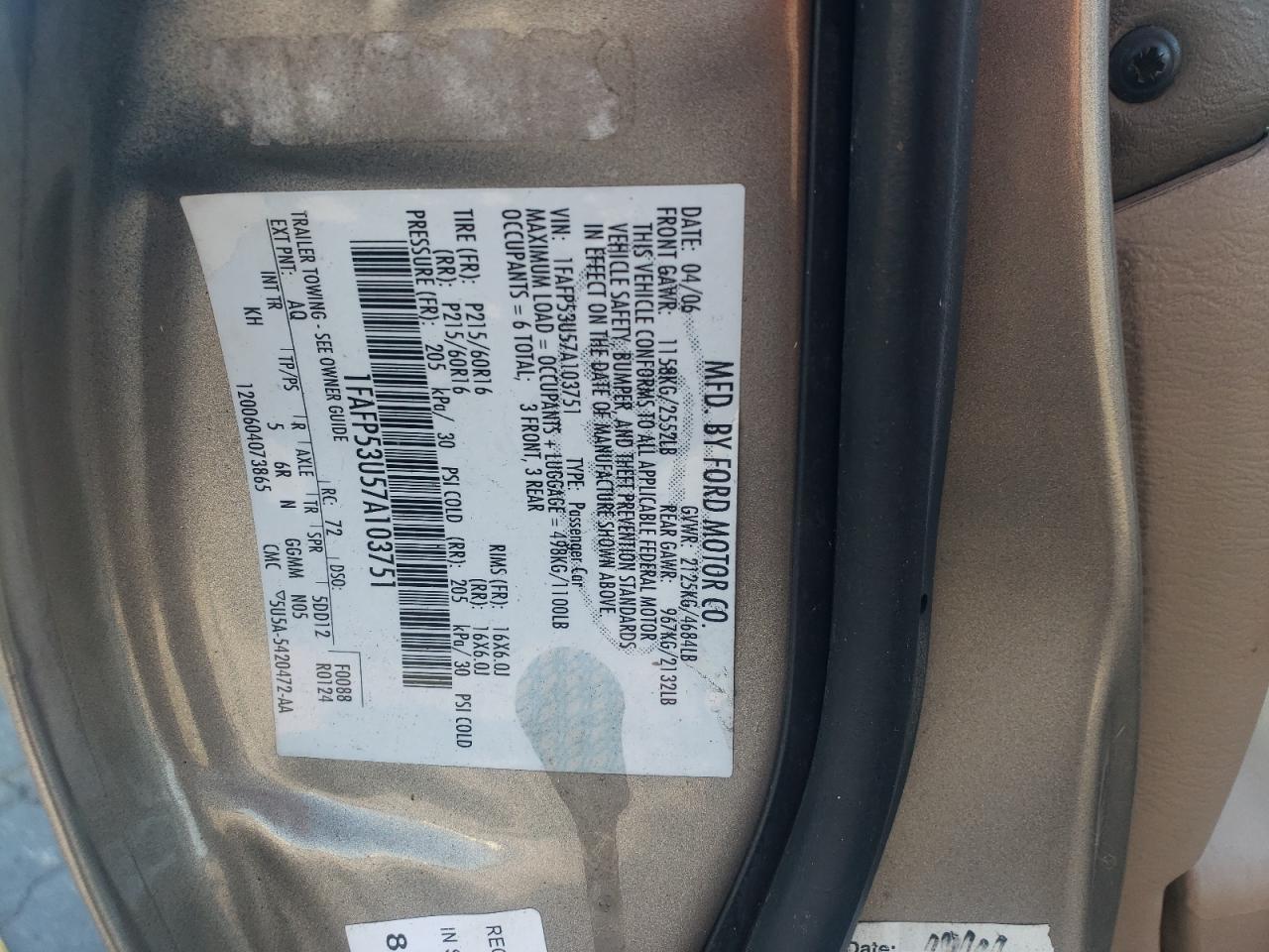 2007 Ford Taurus Se VIN: 1FAFP53U57A103751 Lot: 84995465