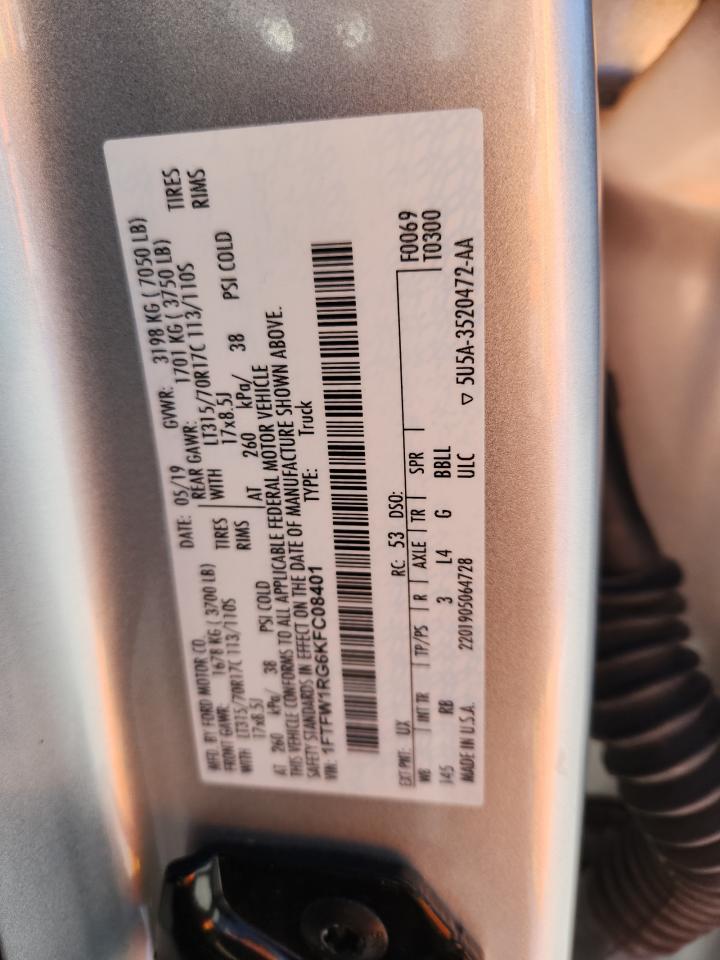 2019 Ford F150 Raptor VIN: 1FTFW1RG6KFC08401 Lot: 95524895