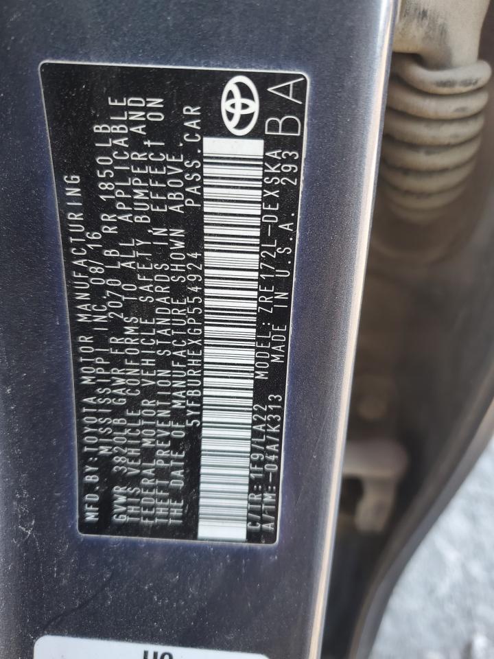 2016 Toyota Corolla L VIN: 5YFBURHEXGP554924 Lot: 90669535