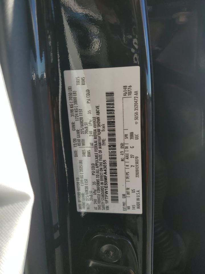 2021 Ford F150 Supercrew VIN: 1FTFW1E59MFA43855 Lot: 89645505