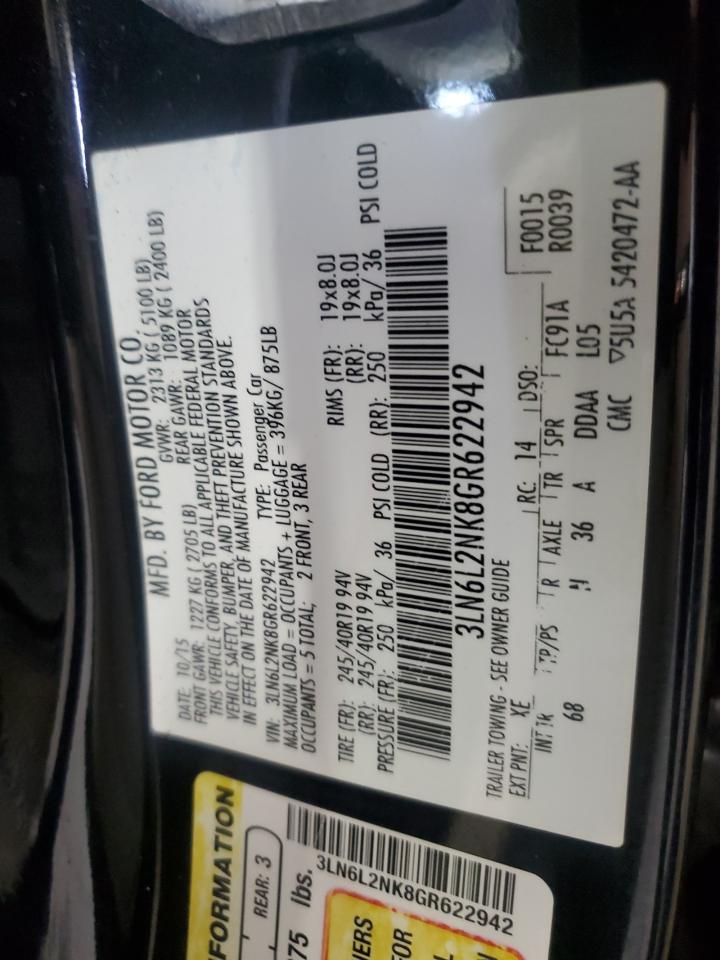 2016 Lincoln Mkz Black Label VIN: 3LN6L2NK8GR622942 Lot: 85089995