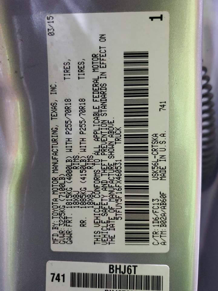 2015 Toyota Tundra Double Cab Sr VIN: 5TFUY5F16FX460531 Lot: 85104775