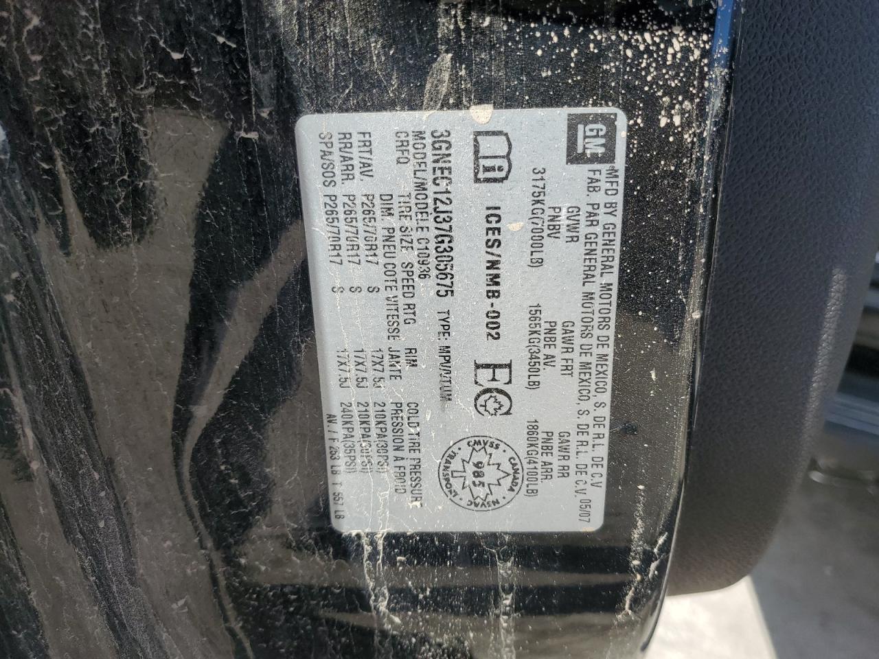 2007 Chevrolet Avalanche C1500 VIN: 3GNEC12J37G305675 Lot: 86087975