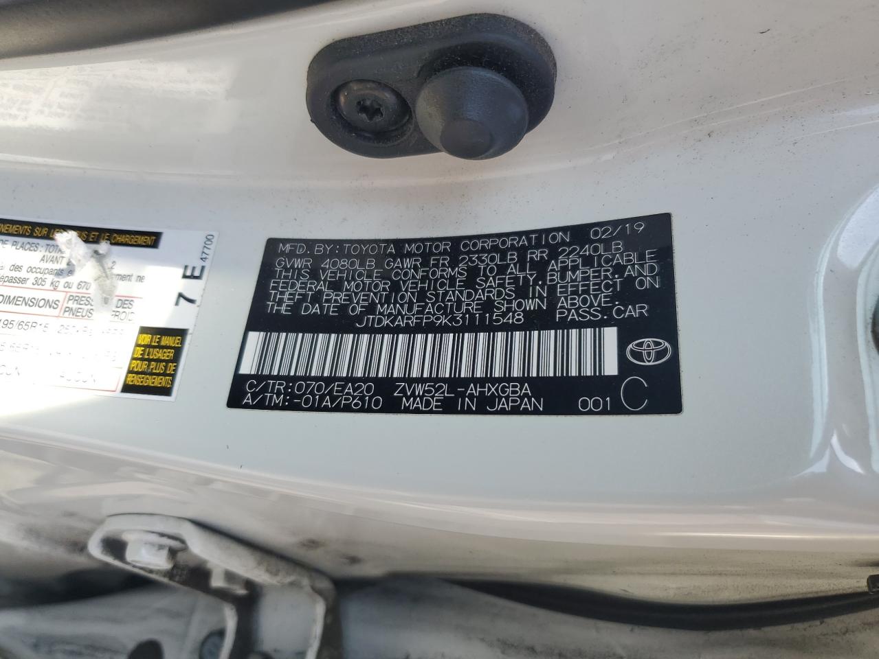 2019 Toyota Prius Prime VIN: JTDKARFP9K3111548 Lot: 84052655