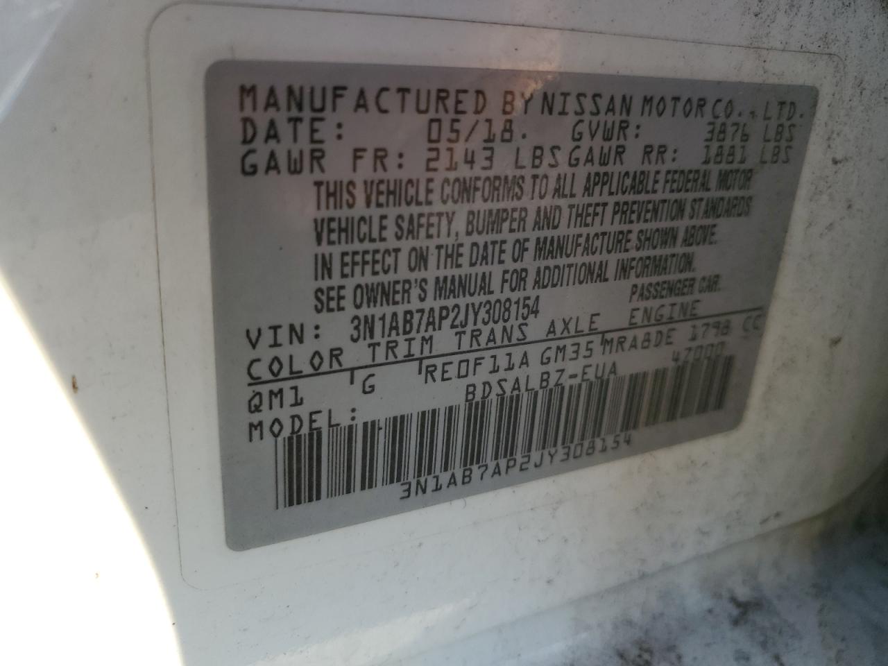 2018 Nissan Sentra S VIN: 3N1AB7AP2JY308154 Lot: 84366975