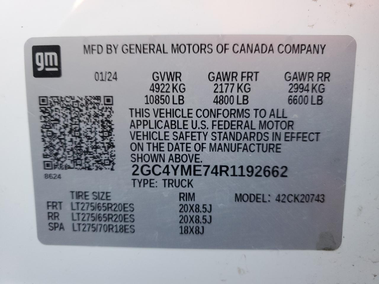 2024 Chevrolet Silverado K2500 Custom VIN: 2GC4YME74R1192662 Lot: 86098505