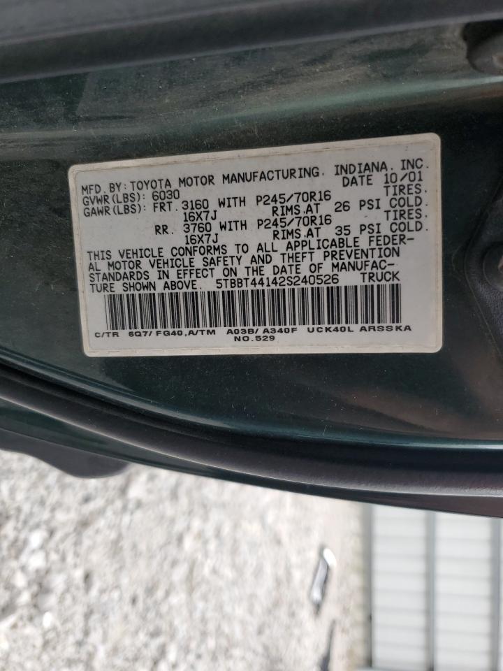 2002 Toyota Tundra Access Cab VIN: 5TBBT44142S240526 Lot: 85308775