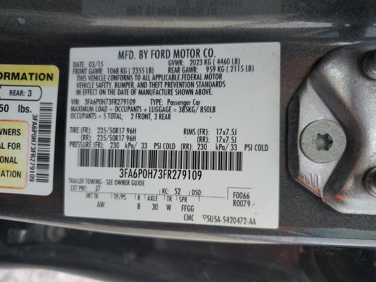 2015 Ford Fusion Se VIN: 3FA6P0H73FR279109 Lot: 89894525