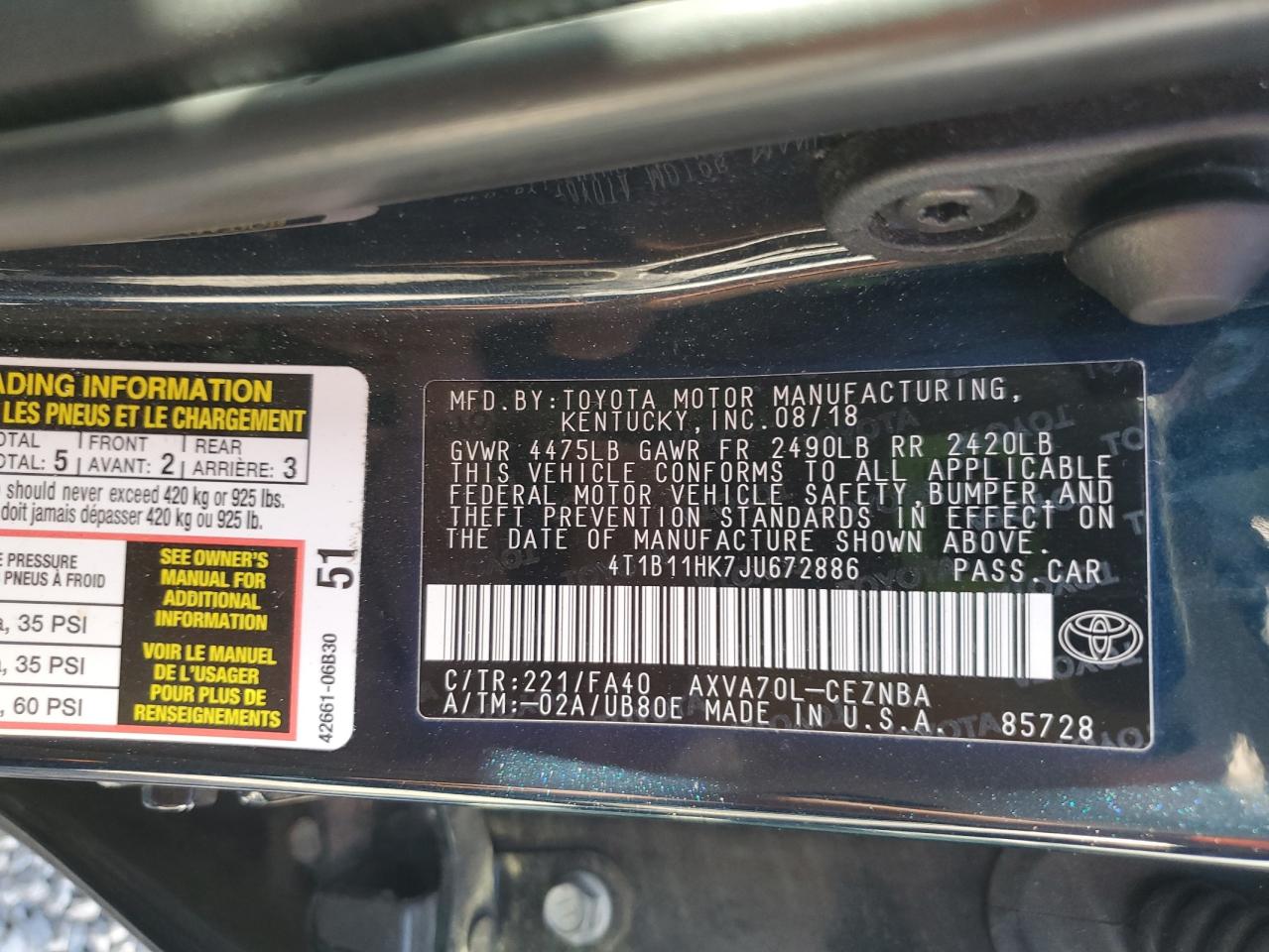 2018 Toyota Camry L VIN: 4T1B11HK7JU672886 Lot: 85563805