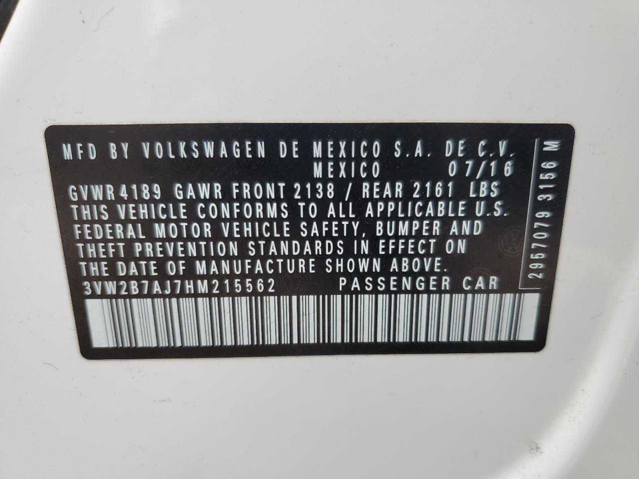 2017 Volkswagen Jetta VIN: 3VW2B7AJ7HM215562 Lot: 82230695