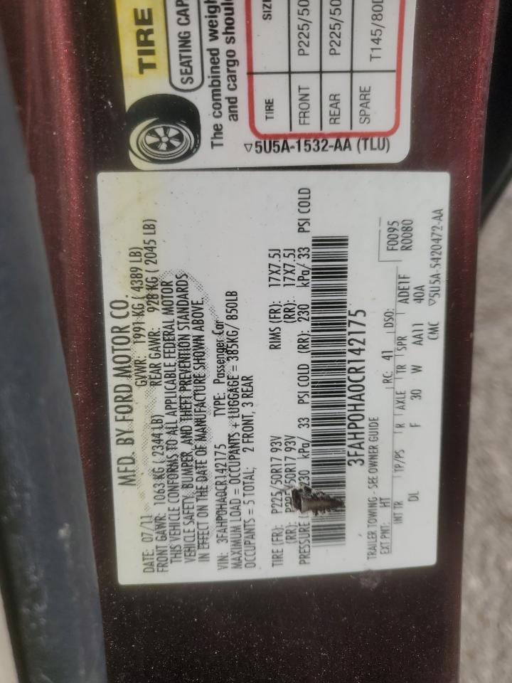 2012 Ford Fusion Se VIN: 3FAHP0HA0CR142175 Lot: 82298375