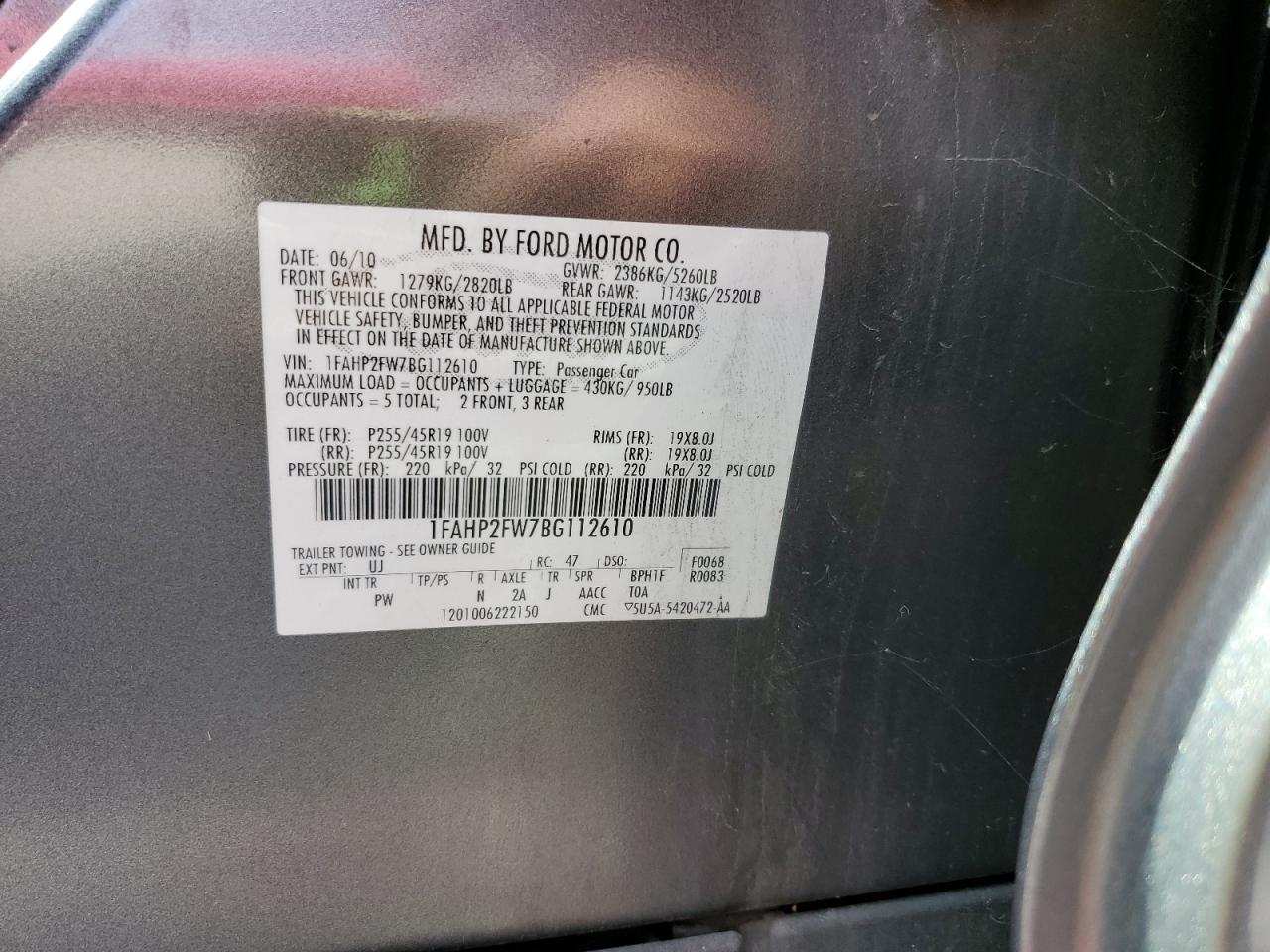 2011 Ford Taurus Limited VIN: 1FAHP2FW7BG112610 Lot: 86794305