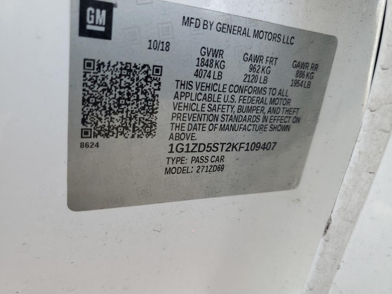 2019 Chevrolet Malibu Lt VIN: 1G1ZD5ST2KF109407 Lot: 85000835