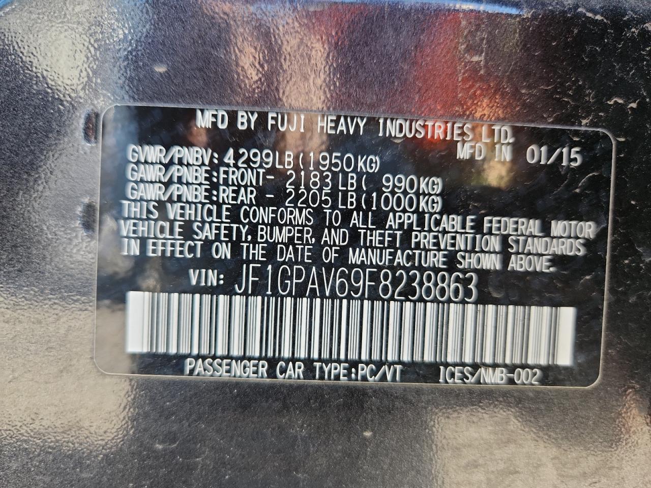 2015 Subaru Impreza Sport Limited VIN: JF1GPAV69F8238863 Lot: 86091875