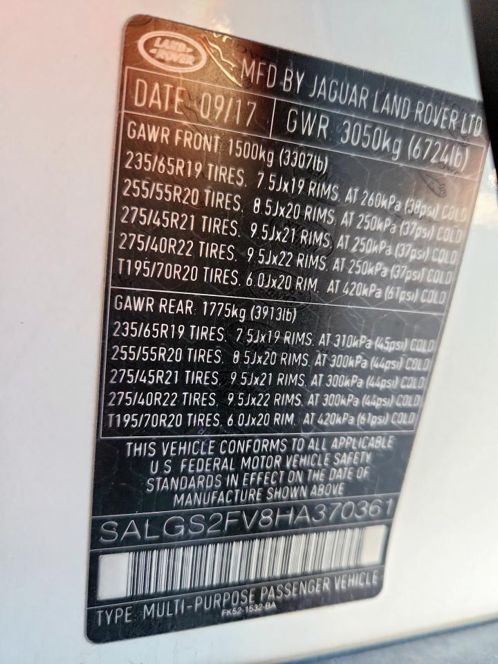 2017 Land Rover Range Rover Hse VIN: SALGS2FV8HA370361 Lot: 82647105