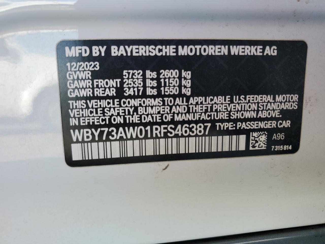 2024 BMW I4 Edrive 40 VIN: WBY73AW01RFS46387 Lot: 87203875
