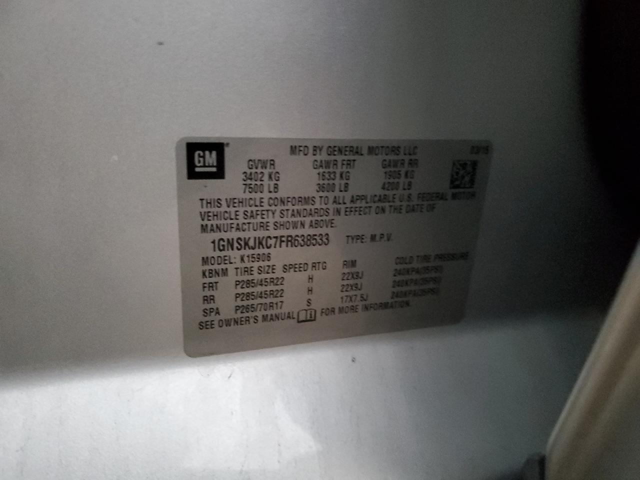 2015 Chevrolet Suburban K1500 Lt VIN: 1GNSKJKC7FR638533 Lot: 84246615