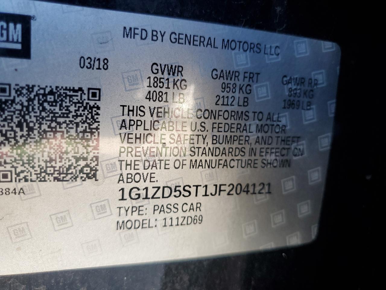 2018 Chevrolet Malibu Lt VIN: 1G1ZD5ST1JF204121 Lot: 84602295