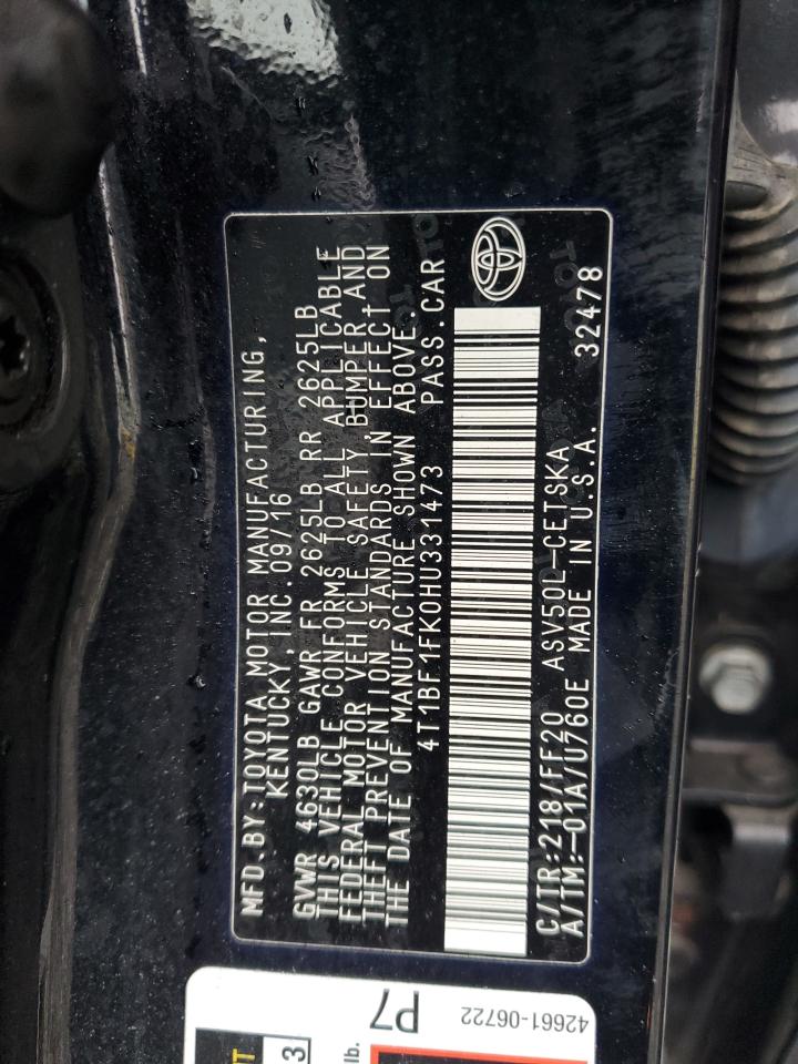 2017 Toyota Camry Le VIN: 4T1BF1FK0HU331473 Lot: 86461535