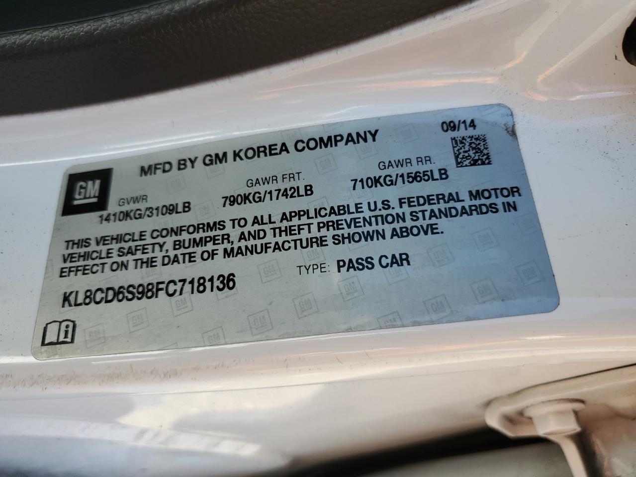 2015 Chevrolet Spark 1Lt VIN: KL8CD6S98FC718136 Lot: 86890535