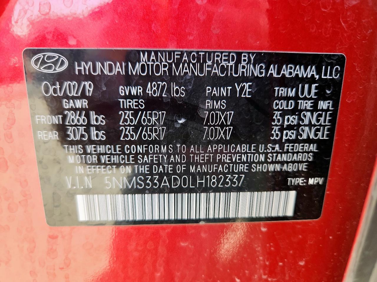 2020 Hyundai Santa Fe Sel VIN: 5NMS33AD0LH182337 Lot: 85172695