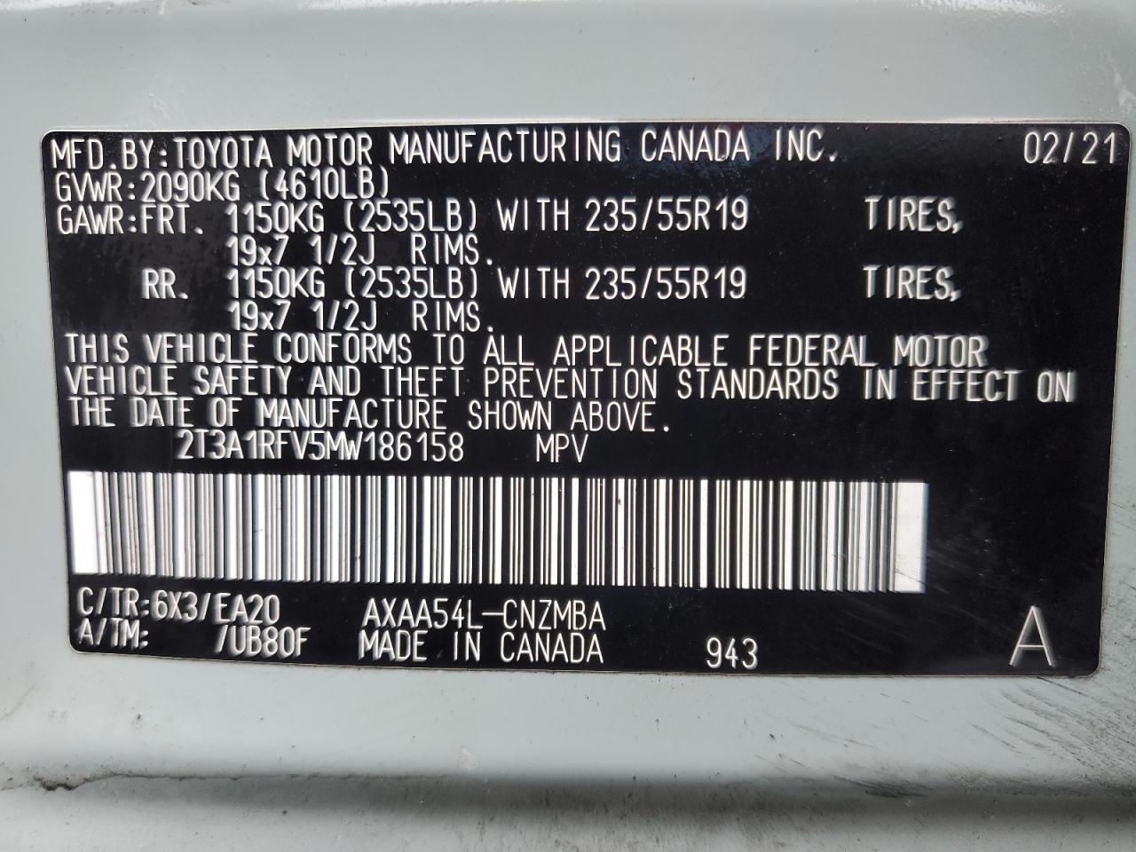 2021 Toyota Rav4 Xle Premium VIN: 2T3A1RFV5MW186158 Lot: 85497165