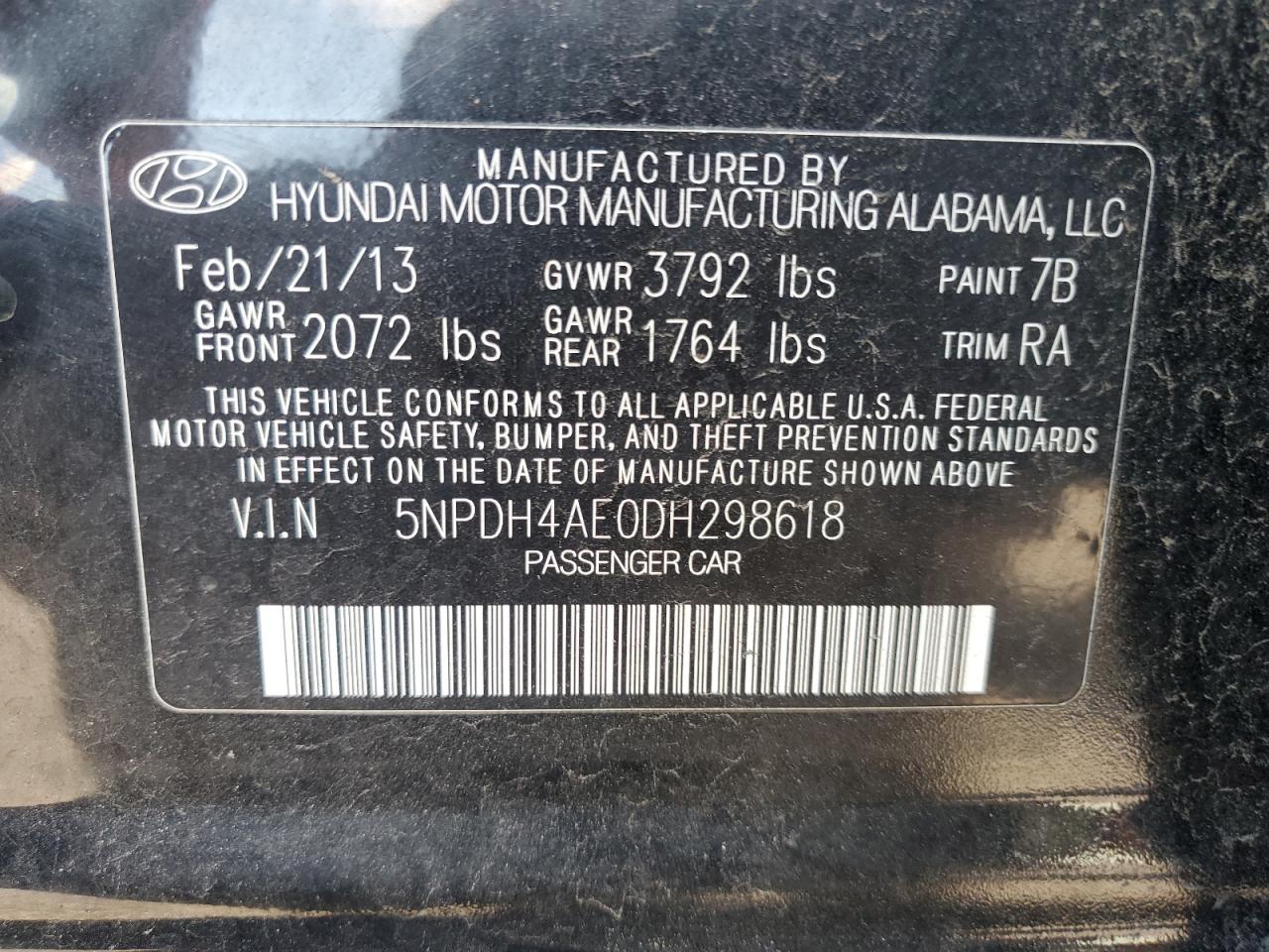 2013 Hyundai Elantra Gls VIN: 5NPDH4AE0DH298618 Lot: 87164595