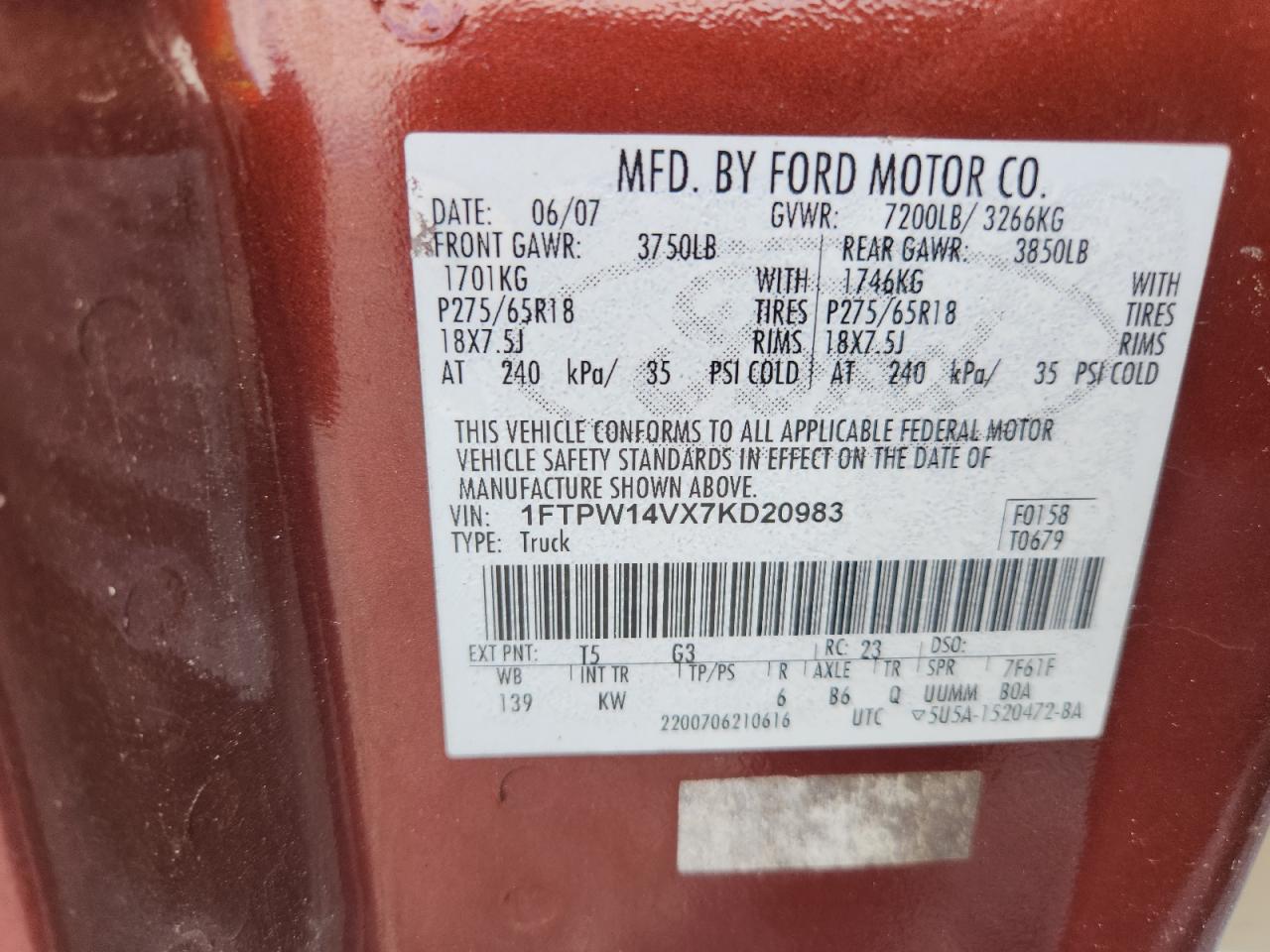 2007 Ford F150 Supercrew VIN: 1FTPW14VX7KD20983 Lot: 85757885
