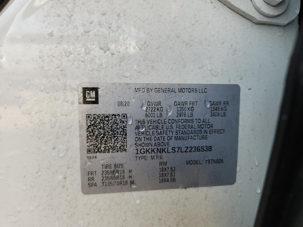 2020 GMC Acadia Sle VIN: 1GKKNKLS7LZ236538 Lot: 89556445