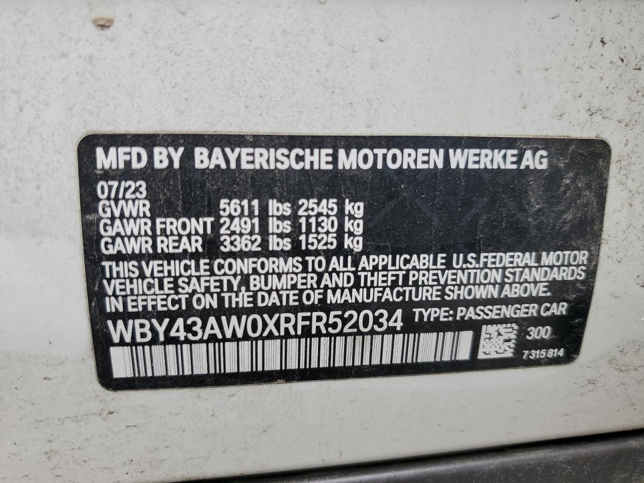 2024 BMW I4 Edrive 35 VIN: WBY43AW0XRFR52034 Lot: 85535075