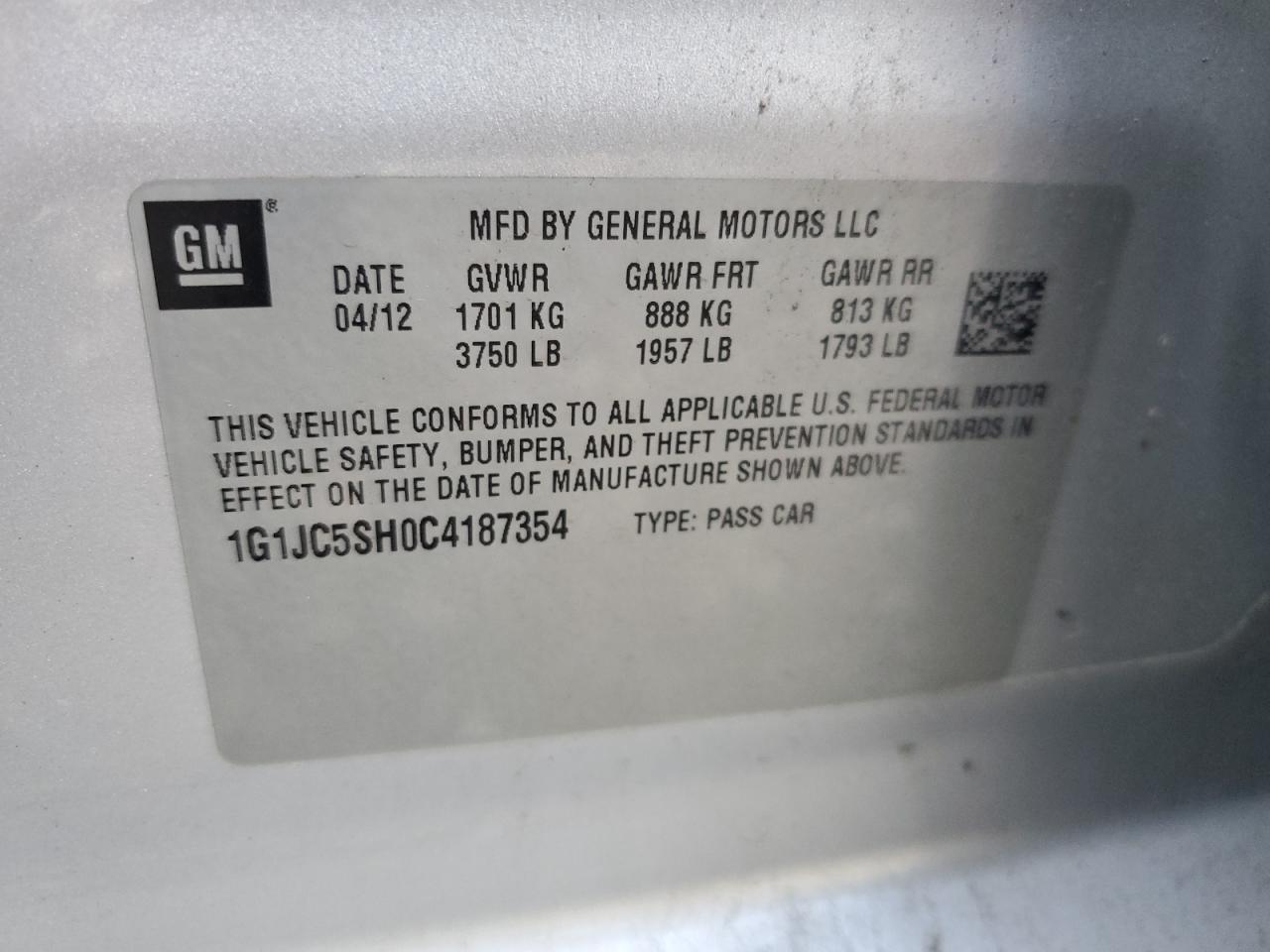 2012 Chevrolet Sonic Lt VIN: 1G1JC5SH0C4187354 Lot: 82371275