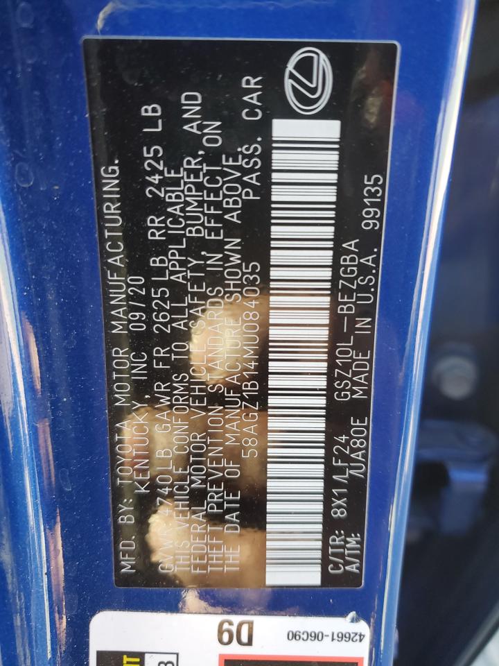 2021 Lexus Es 350 Base VIN: 58AGZ1B14MU084035 Lot: 85747825