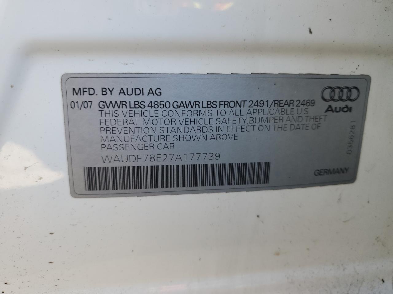 2007 Audi A4 2.0T Quattro VIN: WAUDF78E27A177739 Lot: 82492625