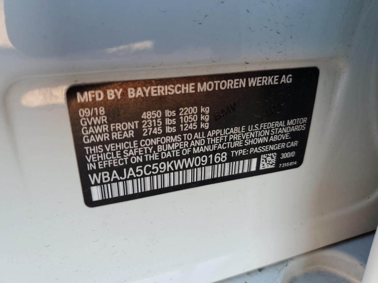 2019 BMW 530 I VIN: WBAJA5C59KWW09168 Lot: 82180675